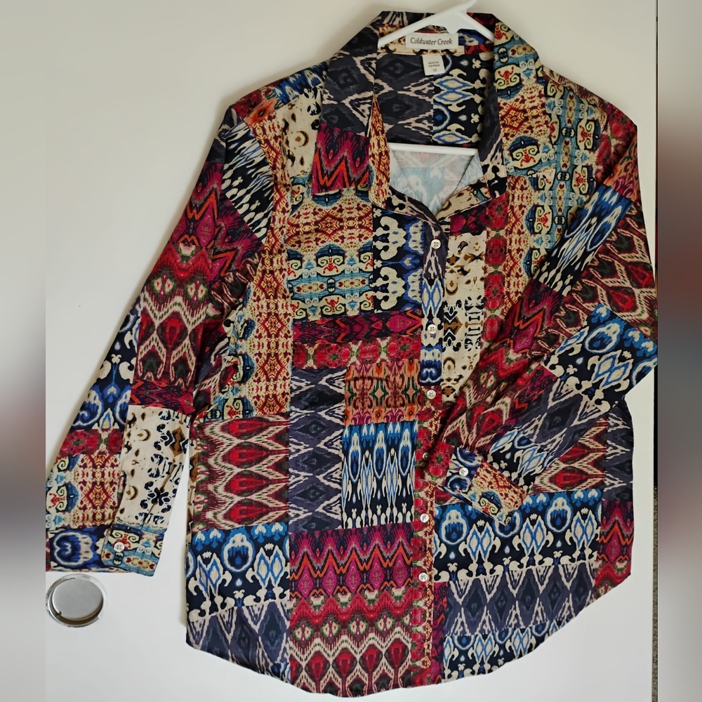 Coldwater Creek Colorful Patchwork Button-Up Shir… - image 1